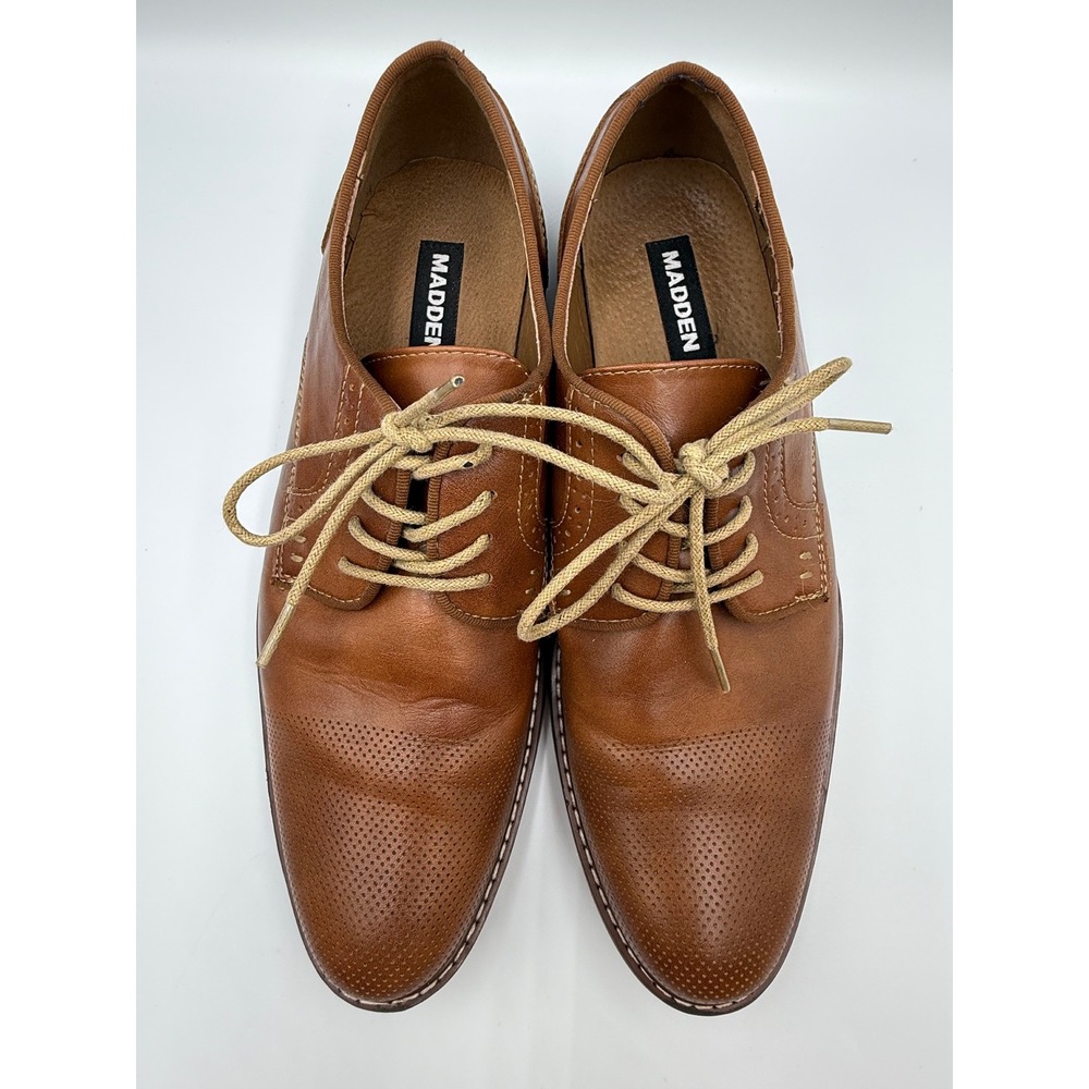 Madden Mens Oxford Dress Shoes Size 10 Cognac Brown Perforated Cap Toe Lace Up